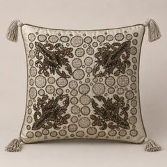 Cream Embroidered Decorative Cushion Cover | 16"x16" Premium Tassel Cushion Cover