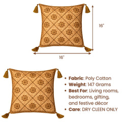 Hand Crafted Cushion Cover – Golden | 16"x16" | Poly Cotton | Embroidered Floral Diamond Pattern with Tassels