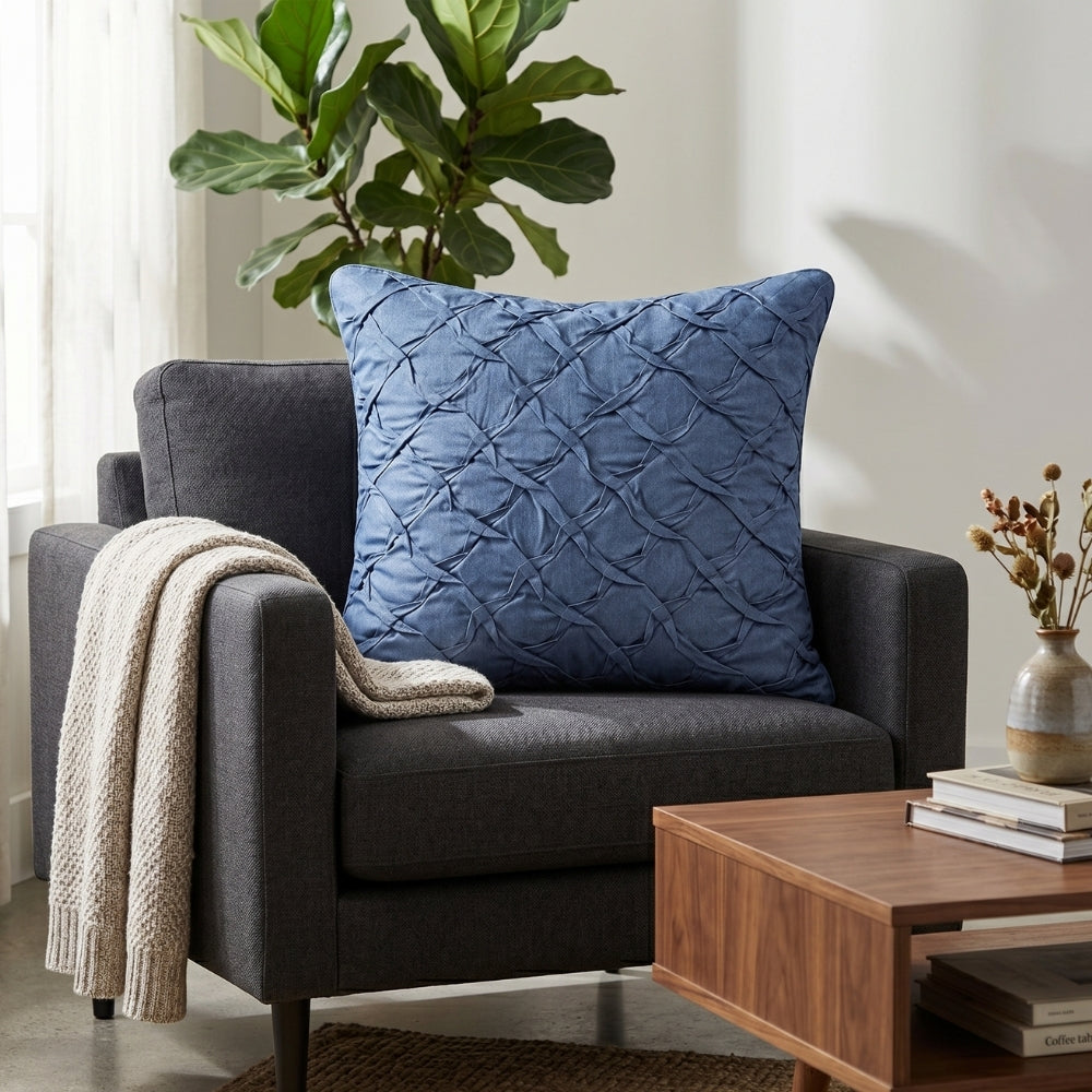 Fabric Crafted Cushion Cover – Blue | 16"x16" | Poly Cotton Fabric | Premium Crinkle Texture Design