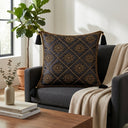 Hand Crafted Cushion Cover – Black | 16"x16" | Poly Cotton | Embroidered Floral Diamond Pattern with Tassels
