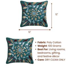 Handcrafted Turquoise Cushion Cover – 12"x12" | Multi-Color Embroidered Floral Design | Premium Poly Cotton