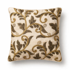 Fabric Crafted Cushion Cover – Beige | 12"x12" | Poly Chenille Fabric | Embroidered Floral Vine Design