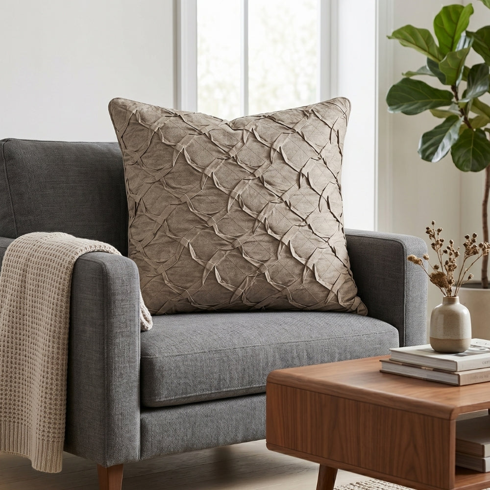 Fabric Crafted Cushion Cover – Dark Beige | 16"x16" | Poly Cotton Fabric | Premium Crinkle Texture Design