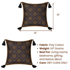 Hand Crafted Cushion Cover – Black | 16"x16" | Poly Cotton | Embroidered Floral Diamond Pattern with Tassels