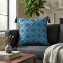Hand Crafted Cushion Cover – Blue | 16"x16" | Poly Cotton | Embroidered Floral Diamond Pattern with Tassels