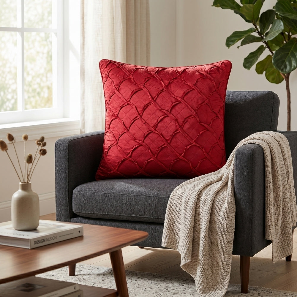 Fabric Crafted Cushion Cover – Red | 16"x16" | Poly Cotton Fabric | Premium Crinkle Texture Design