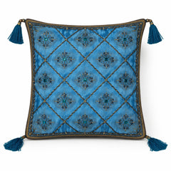 Hand Crafted Cushion Cover – Blue | 16"x16" | Poly Cotton | Embroidered Floral Diamond Pattern with Tassels