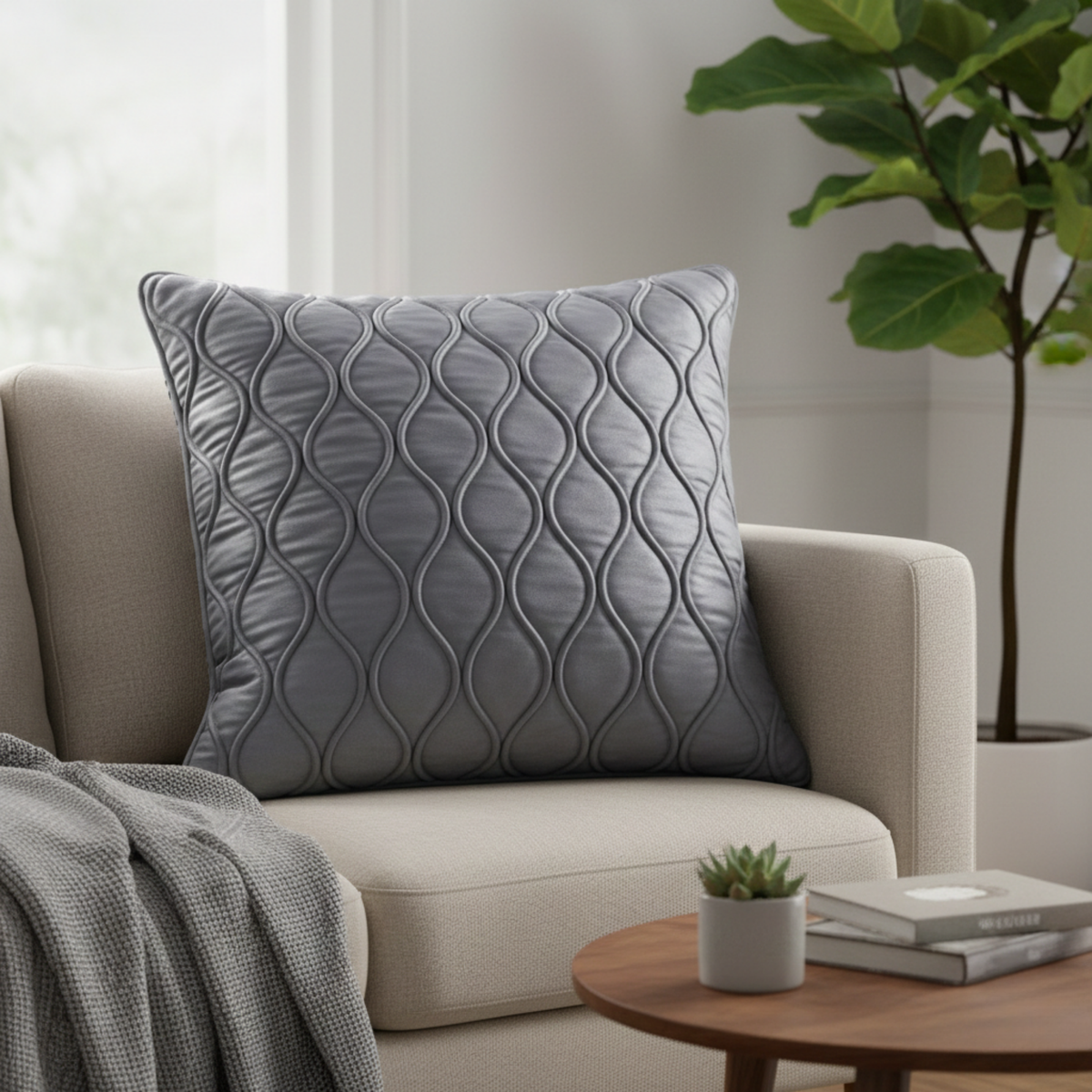 Fabric-Crafted Grey Cushion Cover – 16"x16" | Wave Quilted Design | Premium Poly-Cotton