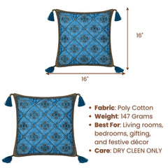 Hand Crafted Cushion Cover – Blue | 16"x16" | Poly Cotton | Embroidered Floral Diamond Pattern with Tassels