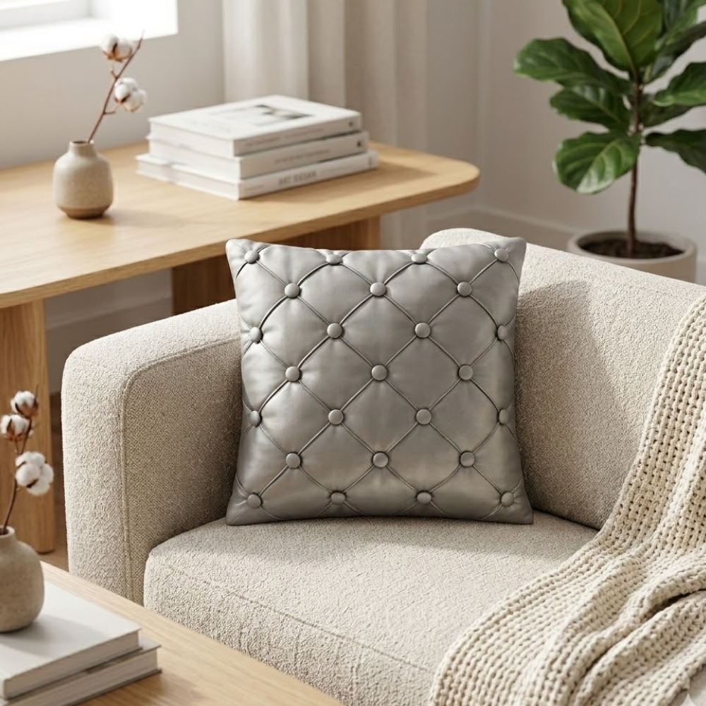 Hand Crafted Cushion Cover – Grey | 12"x12" | Poly Cotton | Classic Button Tufted Design