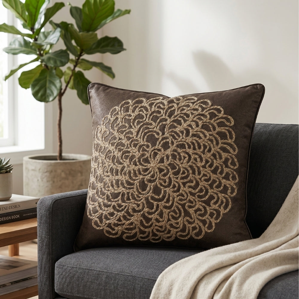 Machine Crafted Brown Cushion Cover – 16"x16" | Elegant Gold Floral Embroidery | Premium Poly-Cotton Decorative Cushion Cover