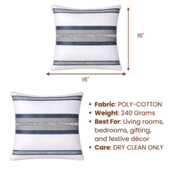 Handcrafted Off-White Cushion Cover – 16"x16" | Striped Embellished Design | Premium Poly Cotton