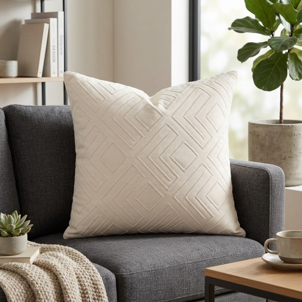 Handcrafted Cushion Cover – White | 16"x16" | Geometric Textured Design