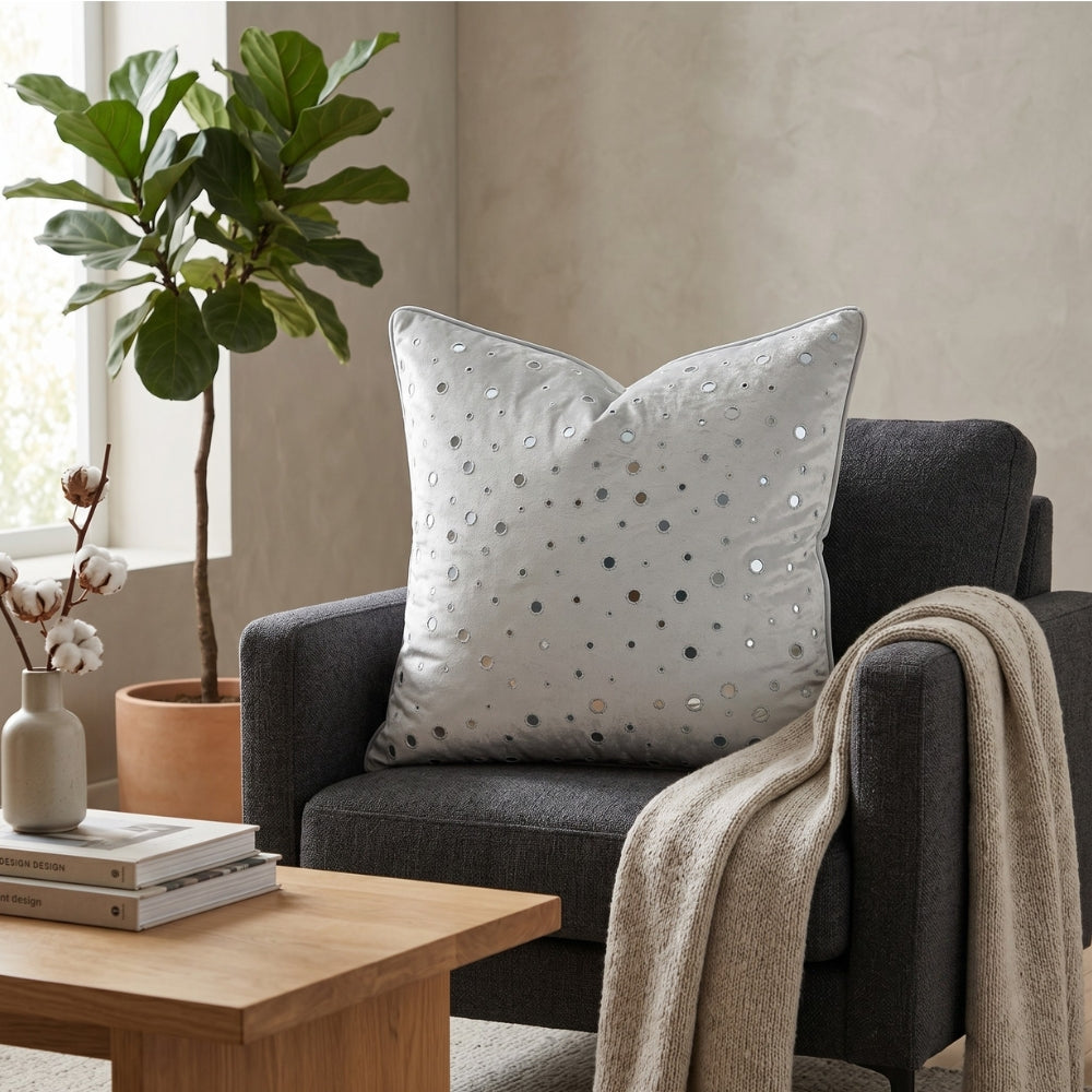 Handcrafted White Cushion Cover – 16"x16" | Mirror Dot Embroidery | Premium Poly Cotton | Elegant Decorative Accent