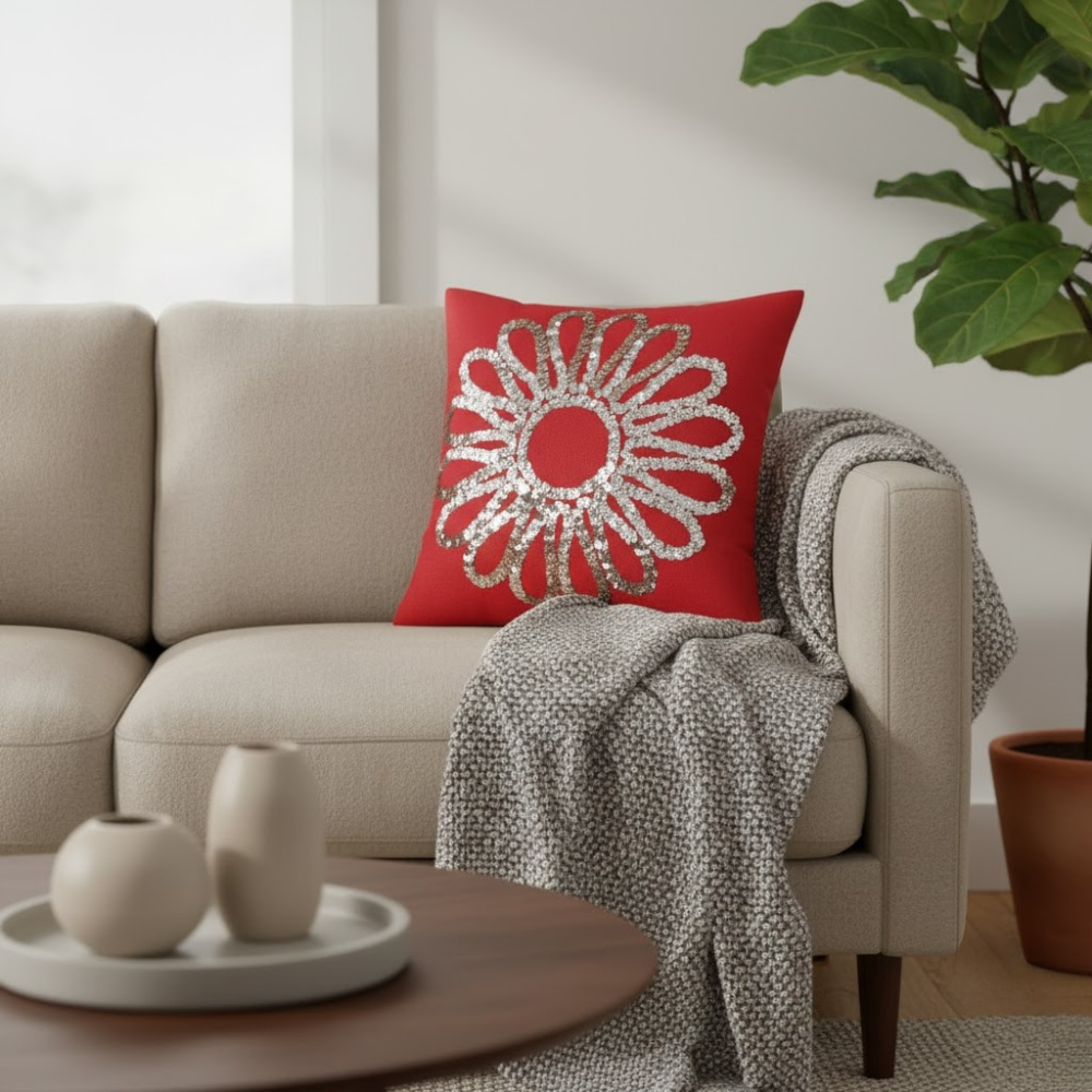 Handcrafted Red Floral Cushion Cover – 12"x12", Premium Poly Cotton