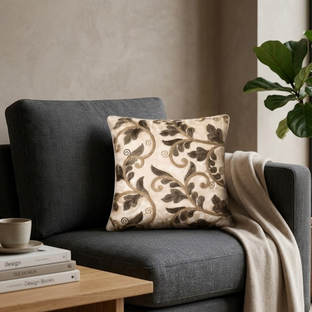 Fabric Crafted Cushion Cover – Green | 12"x12" | Poly Chenille Fabric | Embroidered Floral Vine Design