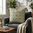 Hand Crafted Cushion Cover – Green | 16"x16" | Poly Cotton | Embroidered Floral Diamond Pattern with Tassels