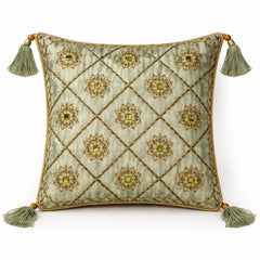Hand Crafted Cushion Cover – Green | 16"x16" | Poly Cotton | Embroidered Floral Diamond Pattern with Tassels