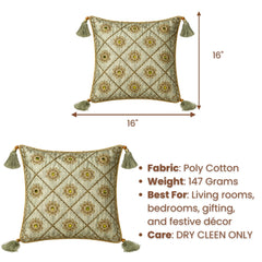 Hand Crafted Cushion Cover – Green | 16"x16" | Poly Cotton | Embroidered Floral Diamond Pattern with Tassels