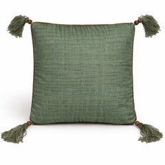 Hand Crafted Cushion Cover – Green | 16"x16" | Poly Cotton | Embroidered Floral Diamond Pattern with Tassels