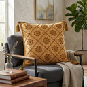 Golden Hand Crafted Cushion Cover | 16"x16" | Poly Cotton | Embroidered Floral Diamond Design with Tassels