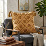 Golden Hand Crafted Cushion Cover | 16"x16" | Poly Cotton | Embroidered Floral Diamond Design with Tassels
