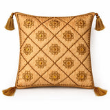 Golden Hand Crafted Cushion Cover | 16"x16" | Poly Cotton | Embroidered Floral Diamond Design with Tassels