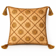 Golden Hand Crafted Cushion Cover | 16"x16" | Poly Cotton | Embroidered Floral Diamond Design with Tassels