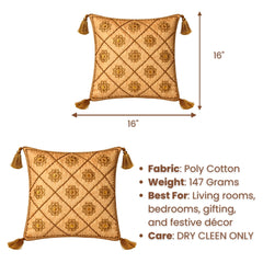 Golden Hand Crafted Cushion Cover | 16"x16" | Poly Cotton | Embroidered Floral Diamond Design with Tassels