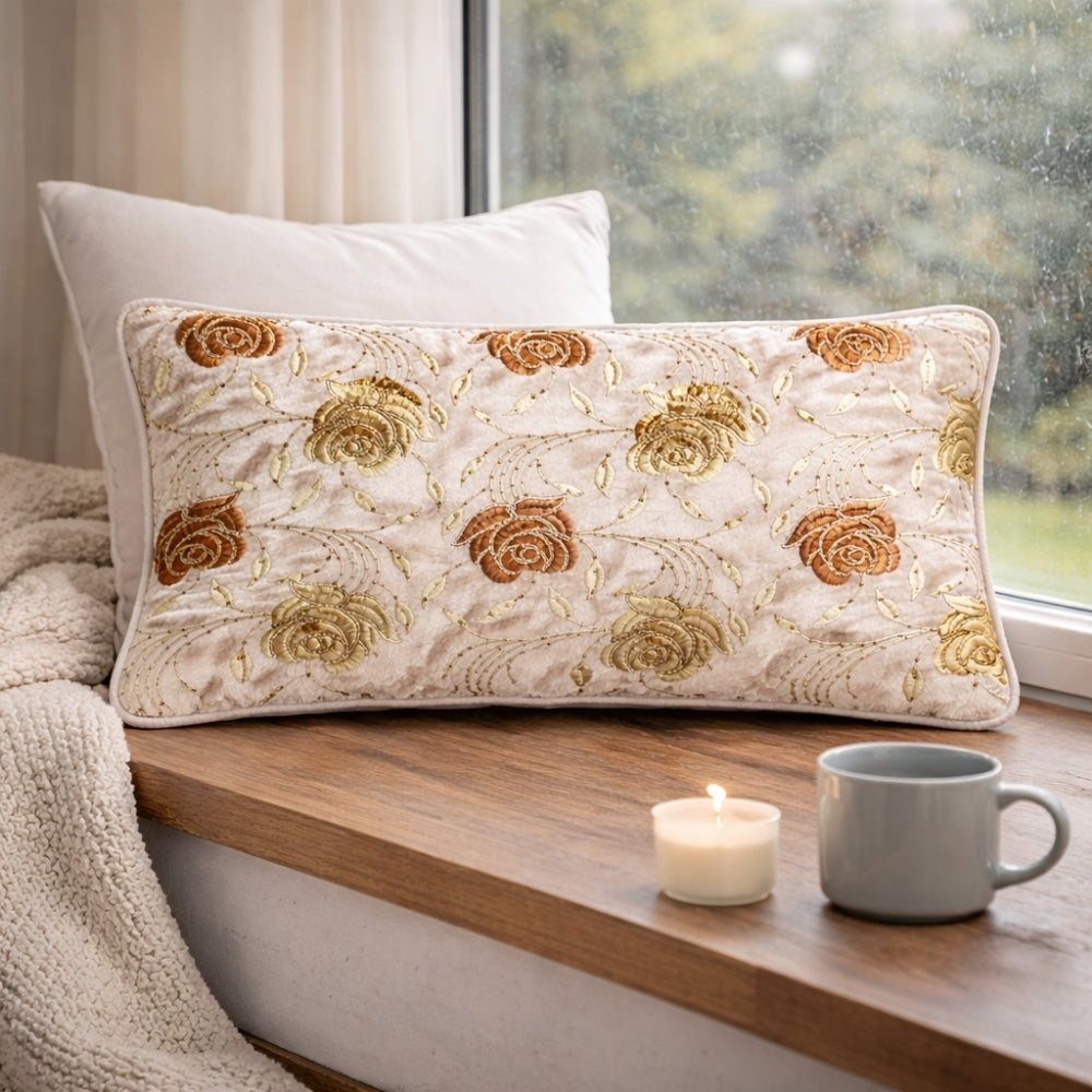 Machine Crafted Bolster Cover – White | 20"x8" | Poly Chenille Fabric | Embroidered Floral Design