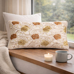 Machine Crafted Bolster Cover – White | 20"x8" | Poly Chenille Fabric | Embroidered Floral Design