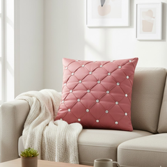 Handcrafted Pink Cushion Cover – 16"x16" | Premium Poly Cotton | Crystal-Studded Diamond Quilting | Elegant Festive Home Décor