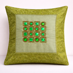 Hand Crafted Cushion Cover – Green | 12"x12" | Poly Cotton | Stone Embellished Design