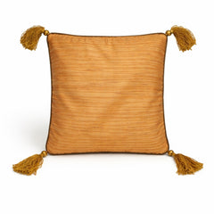 Golden Hand Crafted Cushion Cover | 16"x16" | Poly Cotton | Embroidered Floral Diamond Design with Tassels