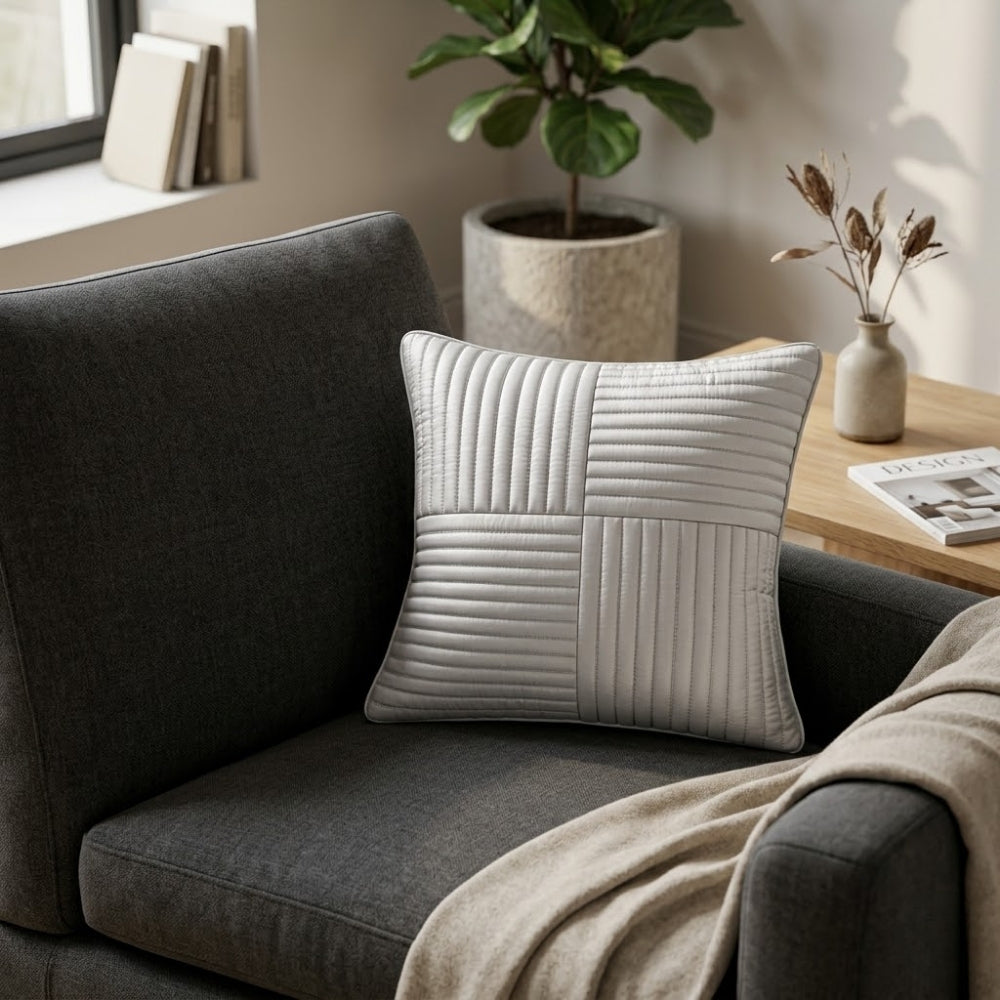 Fabric Crafted Cushion Cover – Grey | 12"x12" | Poly Cotton Foam | Panel Ribbed Design