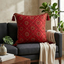 Red Hand Crafted Cushion Cover | 16"x16" | Poly Cotton | Embroidered Floral Diamond Design with Tassels