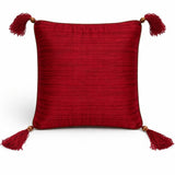 Red Hand Crafted Cushion Cover | 16"x16" | Poly Cotton | Embroidered Floral Diamond Design with Tassels