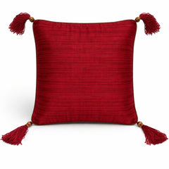 Red Hand Crafted Cushion Cover | 16"x16" | Poly Cotton | Embroidered Floral Diamond Design with Tassels