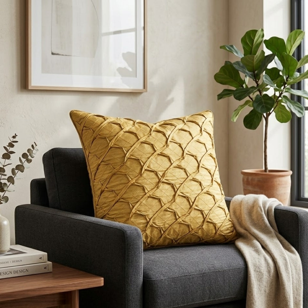 Fabric Crafted Cushion Cover – Light Yellow | 16"x16" | Poly Cotton Fabric | Premium Crinkle Texture Design