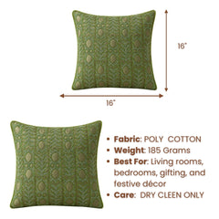 Handcrafted Cushion Cover – Green | 16"x16" | Elegant Poly Cotton Cushion Cover