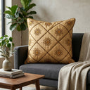 B Gold Hand Crafted Cushion Cover | 16"x16" | Poly Cotton | Embroidered Floral Diamond Design | Without Tassels