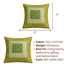 Hand Crafted Cushion Cover – Green | 12"x12" | Poly Cotton | Stone Embellished Design