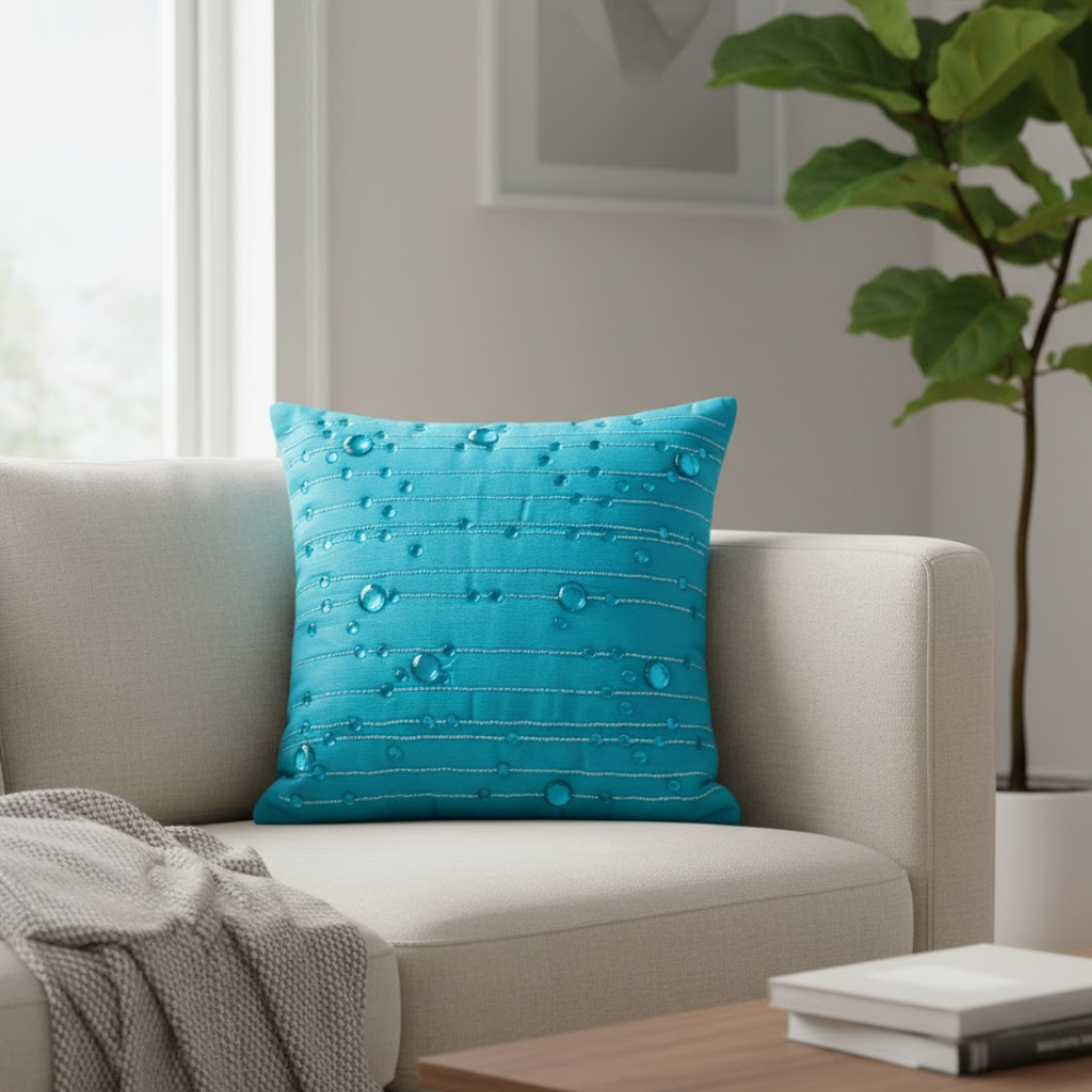 Handcrafted Turquoise Cushion Cover – 16"x16" | Decorative Bead & Thread Work | Premium Poly Cotton