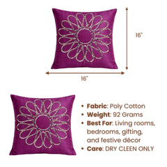 Hand Crafted Cushion Cover – Purple | 16"x16" | Poly Cotton Fabric | Floral Design