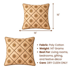 B Gold Hand Crafted Cushion Cover | 16"x16" | Poly Cotton | Embroidered Floral Diamond Design | Without Tassels