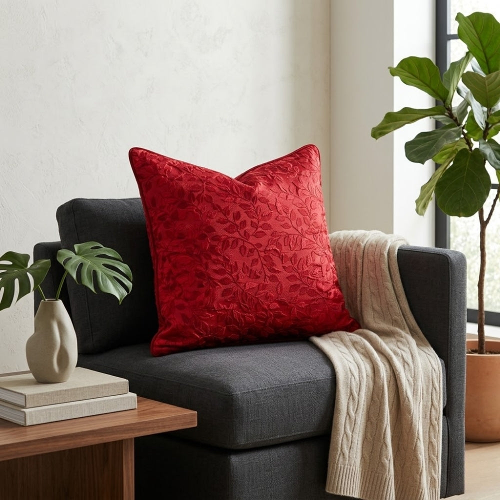 Fabric Crafted Cushion Cover – Red | 16"x16" | Poly Cotton | Embossed Floral Design
