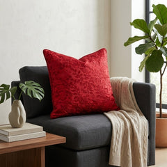 Fabric Crafted Cushion Cover – Red | 16"x16" | Poly Cotton | Embossed Floral Design