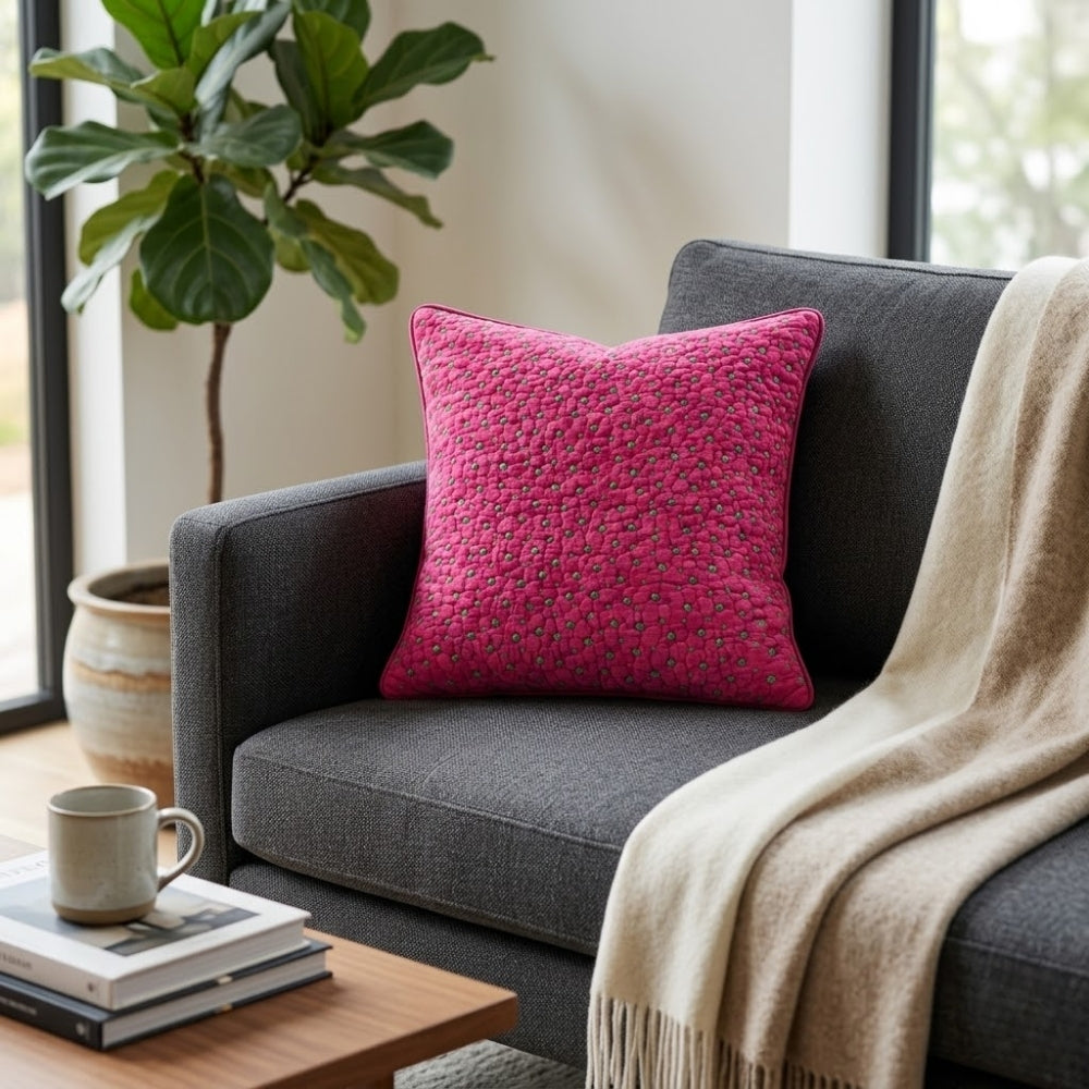 Fabric Crafted Cushion Cover – Pink | 12"x12" | Poly Chenille Fabric | Textured Stud Design