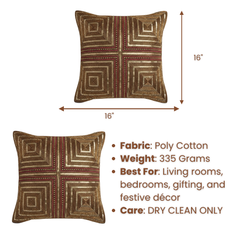 Handcrafted Brown Cushion Cover – 16"x16" | Premium Poly Cotton | Heavy Embroidered Square Design