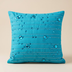 Handcrafted Turquoise Cushion Cover – 16"x16" | Decorative Bead & Thread Work | Premium Poly Cotton